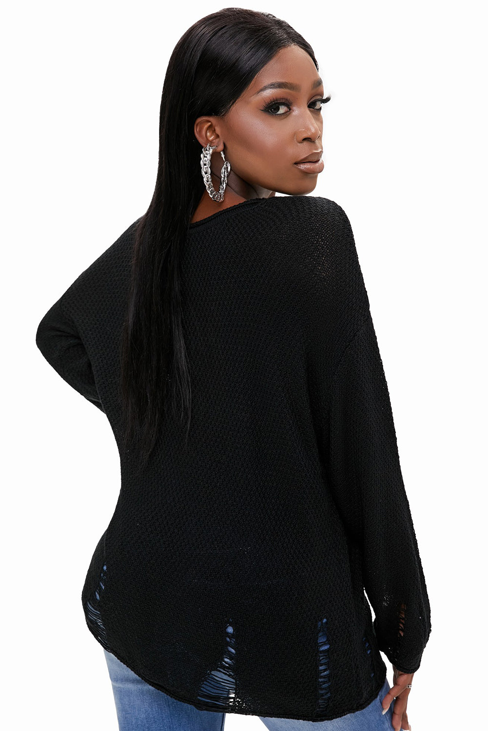 Round Neck Distressed Drop Shoulder Sweater