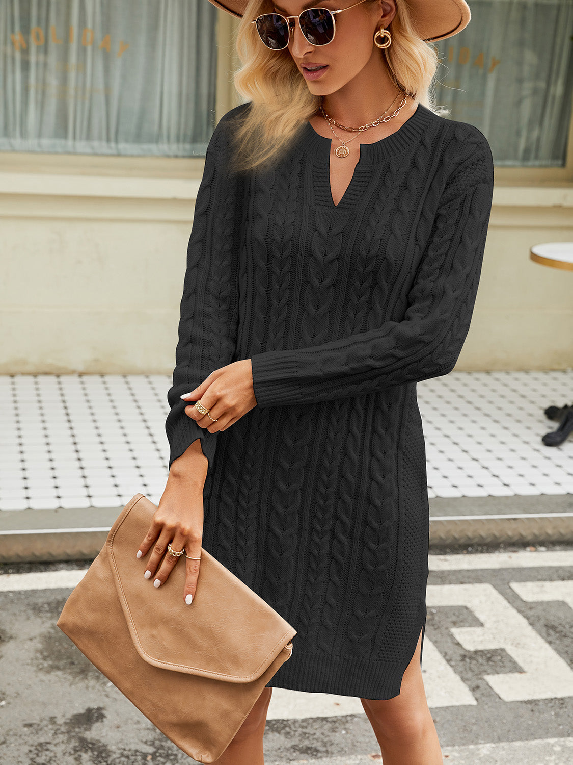 Notched Neck Cable-Knit Slit Sweater Dress